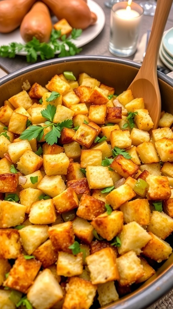 Homemade Bread Stuffing Recipe A dish of golden-brown homemade bread stuffing with herbs and vegetables, garnished with parsley, on a festive table.
